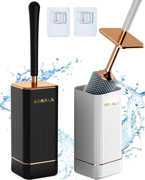 Toilet Brush and Holder, Elegant 2 Pack Silicone Toilet Bowl Brush Set with Ergonomic Long Handle, Modern Bathroom