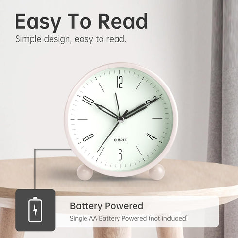 Analog Alarm Clock, 4 inch Super Silent Non-Ticking Clock with Night Light, Battery Operated, Cream Decor for Bedroom