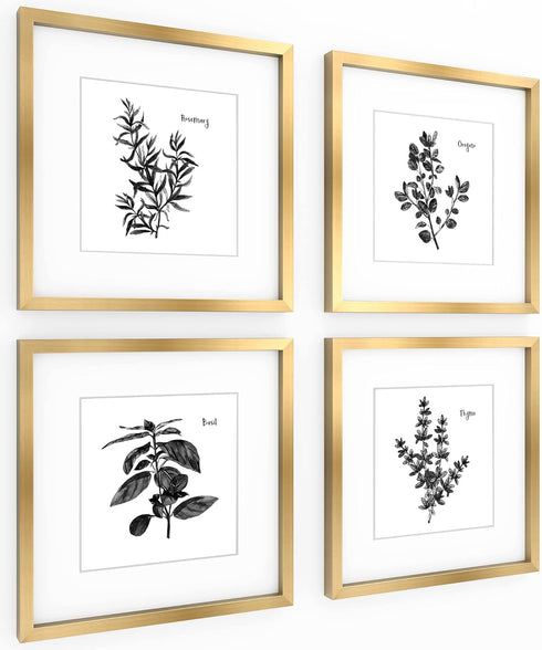 ArtbyHannah Gold Framed Wall Art with Herbs Plants Botanical Pictures in 11x11inch