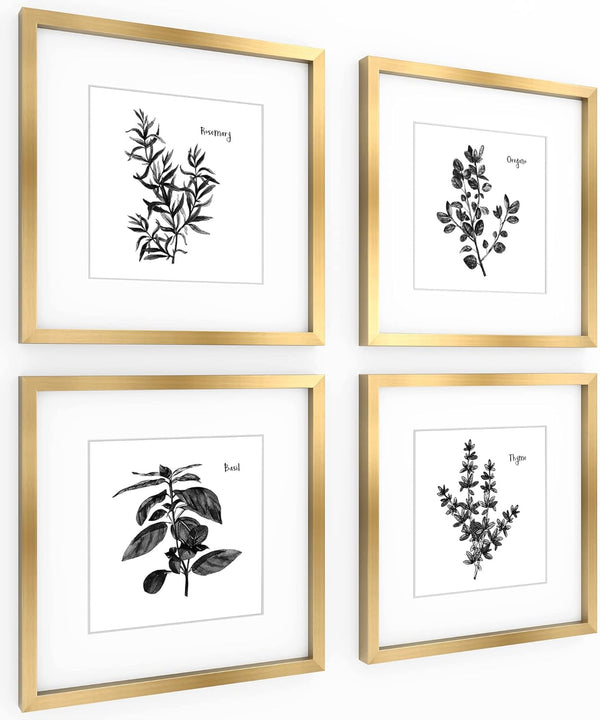 ArtbyHannah Gold Framed Wall Art with Herbs Plants Botanical Pictures in 11x11inch