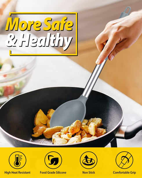 Pack of 2 Large Silicone Cooking Spoon - Non Stick Solid Basting Spoons, Heat-Resistant Kitchen Utensils for Mixing,