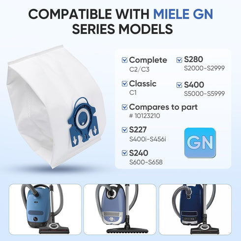 Replacement GN Vacuum Cleaner Bags for Miele Classic C1, Complete C2, C3, 6 Pack Dust Bags + 2 Filters