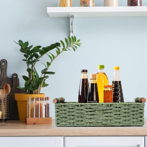 Round Paper Rope Storage Basket, Wicker Baskets for Organizing with Handle, Decorative Storage Bin for Toilet Paper,