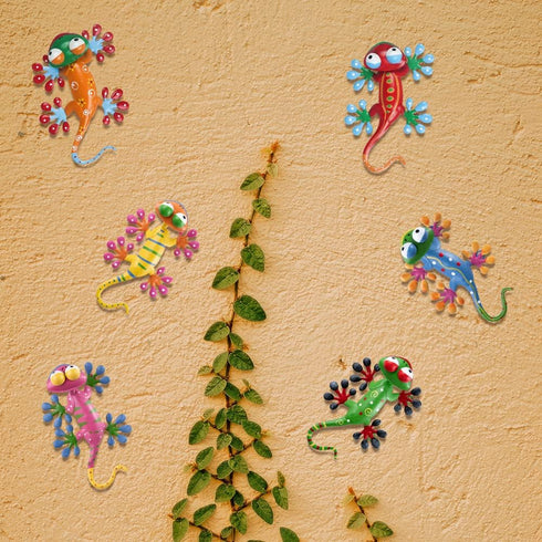 YEAHOME 6 Pack Metal Geckos Inspirational Wall Art, Mexican Outdoor Decor for Farmhouse, Porch, Lawn, Fence