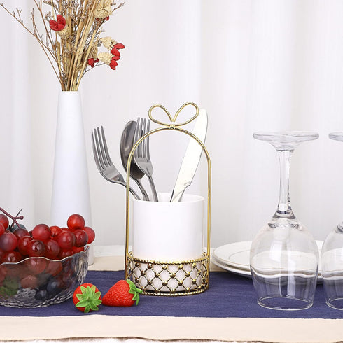 JUXYES Ceramic Silverware Holder for Tabletop, White Cutlery Holder with Golden Metal Bracket for Kitchen
