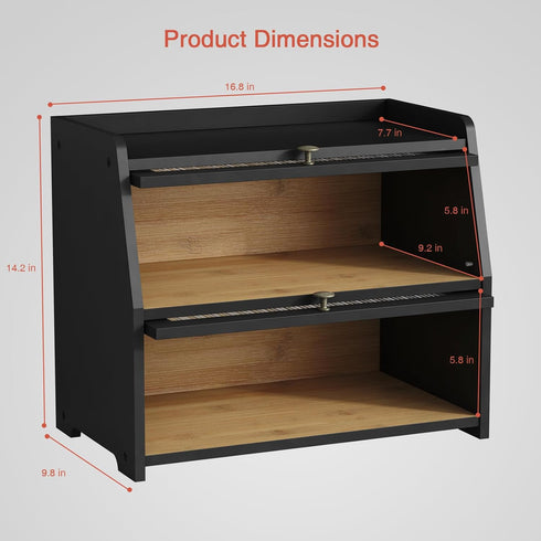 Goozii Countertop, Counter Large Bread Box for Kitchen Black Bread Storage Container for Homemade Bread, Double Layer