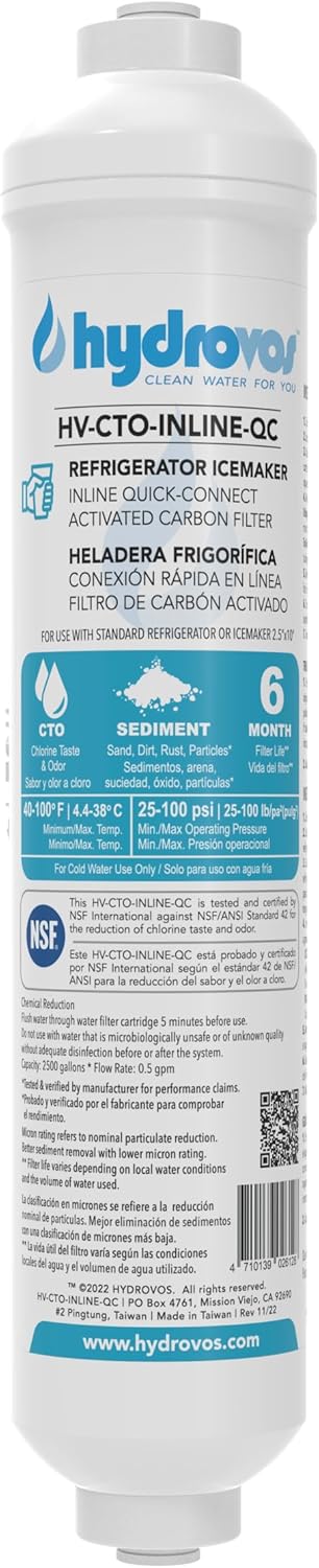 Inline Water Filter for Refrigerator, Ice Maker, 1/4" Quick Connect, 10" Carbon Filter Reduces Chlorine Taste