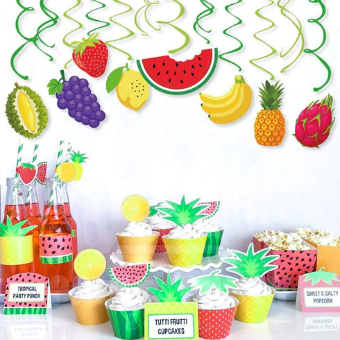 30Ct Tutti Frutti Hanging Swirl Decorations, Tropical Fruit Party Supplies for Summer Birthday Luau