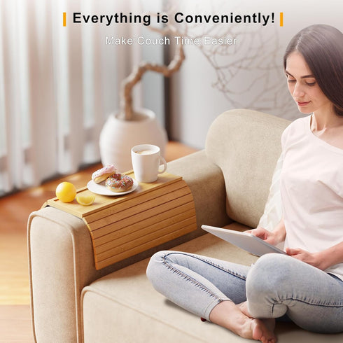 Bamboo Sofa Armrest Tray, Couch Arm Tray with Detachable Cup Holder and Anti-Slip Foldable Table Tray