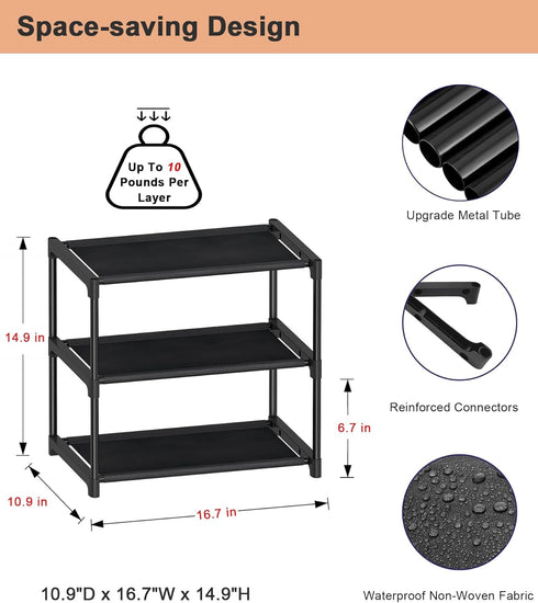 3 Closet HITHIM Tiers Small Shoe Rack,Narrow Stackable Shoe Shelf Organizer,Sturdy Shoe Stand, Non-Woven Fabric Metal