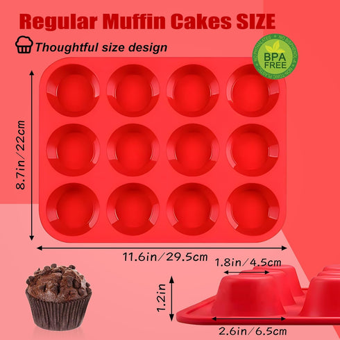 2PCS Silicone Muffin Pan - Thicken-12 Cup Non-Stick Baking Pan for Muffin Cakes, Tart, Bread - Dishwasher & Microwave