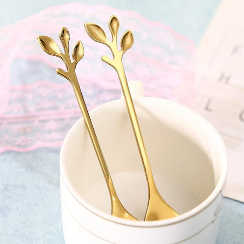 12 pcs Stainless Steel Gold Leaf Coffee Spoon Set, Creative Tableware Dessert Spoons for Ice Cream, Cake, Tea