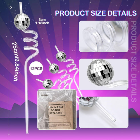 Chengu 12 Pieces 70s Disco Ball Straws - Silver Mirror Disco Party Favors Decorative Straws for Bachelorette Wedding
