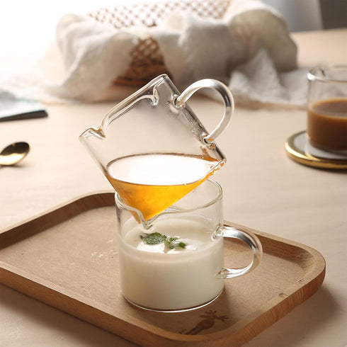 Set 2, 4 OZ Qipecedm Espresso Cups of Double Spouts Cups, Shot Glasses, Milk Cup with Handle, Clear Glass, Espresso