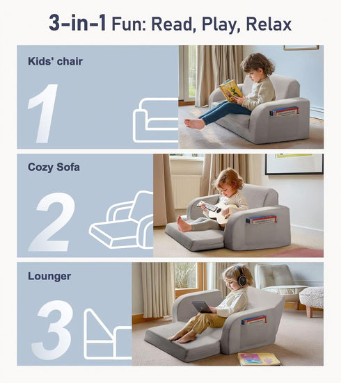 3-in-1 Extra Wide Convertible Kids Couch, Flip Open Toddler Couch to Lounger, Comfy Toddler Chair, Machine-Washable