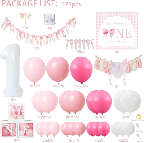 Pink Bow Birthday Decorations Girls Just Wanna Be One First Birthday Pink White Balloon Arch Backdrop High Chair Banner