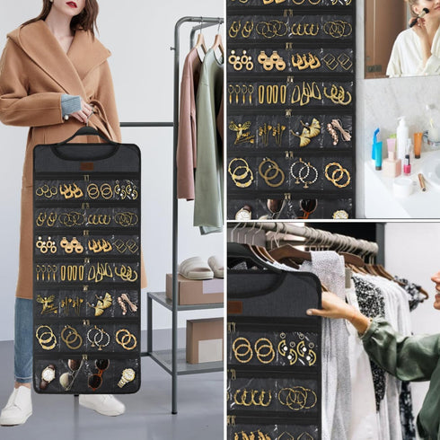 SMRITI Hanging Jewelry Organizer with Dual Zippered Pockets, Canvas Double Sided Rotating Hanger for Necklaces and