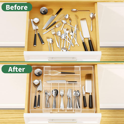 NIUBEE Expandable Kitchen Drawer Organizer for Flatware, Clear Acrylic Adjustable Silverware Tray with 9 Compartments