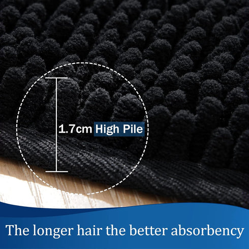 LOCHAS Black Luxury Shaggy Bathroom Rug, 24 x 17 Inch, Washable Non-Slip Plush Chenille Bath Mat for Shower