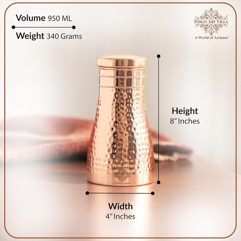 Indian Art Villa Pure Copper Bedroom Water Bottle with Inbuilt Glass & Hammered Shine Design, 32 Oz