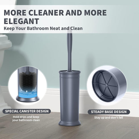 Toilet Brush and Holder 2 Pack, Extra Long Handle Toilet Bowl Scrubber with Covered Holder for Deep Cleaning (Grey)