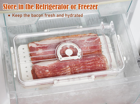 Bacon Storage Container with Air-Sealed Tight Lid, Fridge Bacon Holder, Deli Meat Cheese Keeper with Tongs