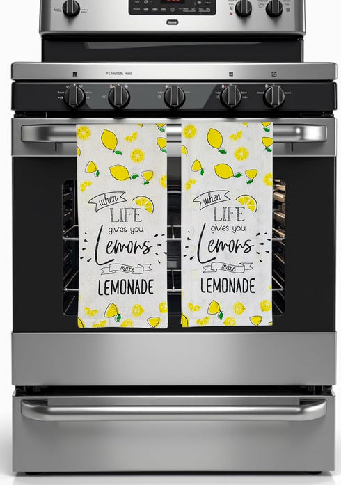 Lemon Kitchen Towels and Pot Holders Set: Colorful Printed "When Life Gives You Lemons, Make Lemonade" on 100% Cotton