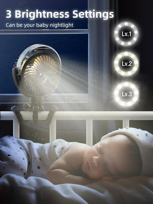 Wavmill 6000mAh 360 Misting Stroller Fan, Battery Operated Portable Fan with Light & Pivoting, Personal Fans