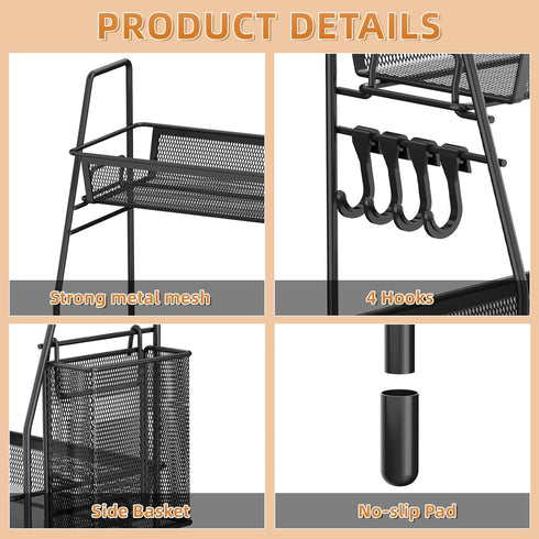 VITVITI 2-Tier Black Bathroom Counter Organizer, Metal Wire Mesh Storage with Basket Hooks, Vanity Tray Shelf