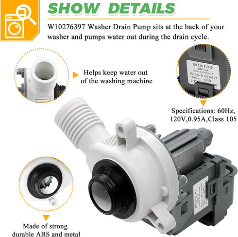 ?2024 Updated?W10276397 Washer Drain Pump by Techecook - Fit for Kenmore Whirlpool Maytag Amana Washing Machine - Replaces 1874334 LP397 AP6018417 PS11751719 EAP11751719 WPW10276397VP B40-3A
