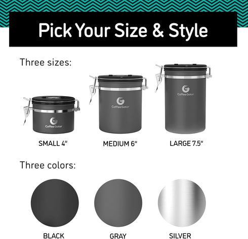 Coffee Gator Coffee Canister, 22oz, Airtight Stainless Steel Kitchen Food Storage Container, Silver, with Date Tracker