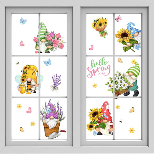 Mfault Hello Spring Gnomes Flowers Window Clings, 9 Sheets Floral Wall Glass Stickers for Home Decor