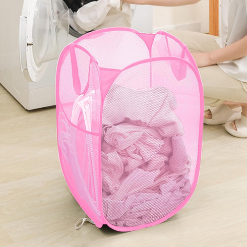 Portable Mesh Pop Up Laundry Hamper with Side Pocket and Handles, Vertical Collapsible Laundry Basket for Travel, RV,