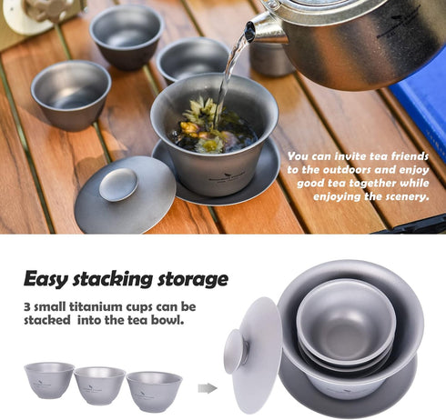 200ML Set 3 35ml Set Ti3124D iBasingo Titanium Gaiwan Kung Fu Teacup with Lid and Saucer Lightweight Portable Chinese