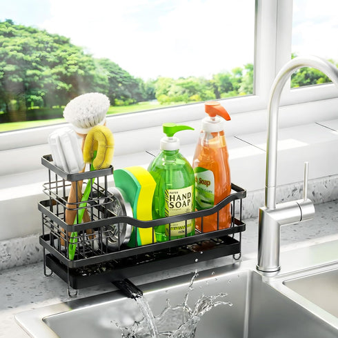 Sponge Holder for Kitchen Sink, Self-Draining Sink Caddy Organizer with Removable Brush