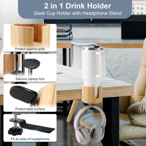 Nnewvante Desk Cup Holder, 2 in 1 360° Rotating Headphone Hanger and Anti-Spill Cup Holder for Gaming Desk