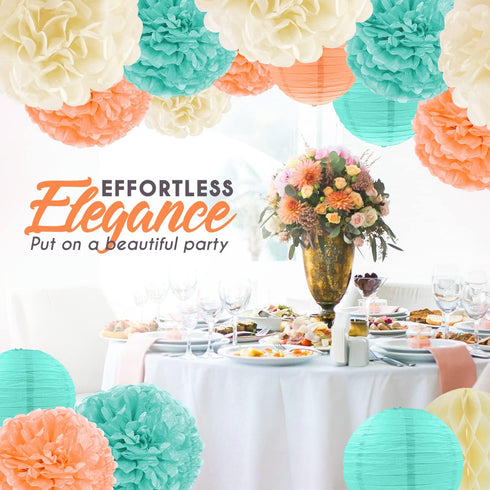 EpiqueOne 22-Piece Party Set - Tissue Paper Pom Poms in Mint, Ivory & Peach | Includes 12 Pom Poms, 6 Lanterns, 3