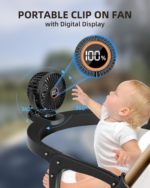 TUNISE Mini Clip on Fan, Battery Operated Desk Fan, Digital display,3 Speeds Adjustable, Bidirectional 360 ° Adjustable, Super Strong Wind, Portable Fan for Home Office Stroller Camping Black by TUNISE