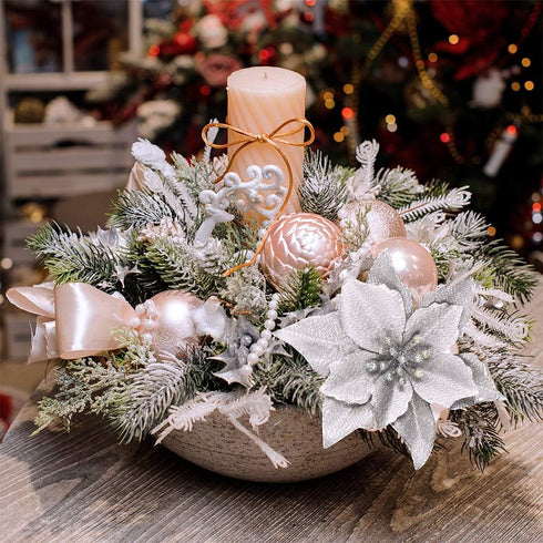 Winlyn 24 Set Christmas Silver Glitter Poinsettia Flower Picks, Christmas Tree Ornaments, White Gift Box Included