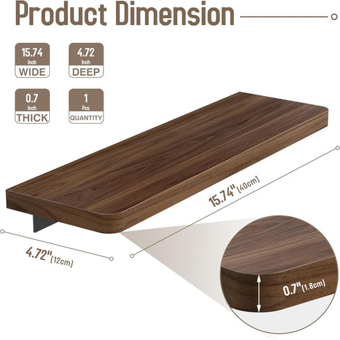16 inch Danpoo Solid Walnut Floating Shelf - Large, Heavy Duty Wall Shelf for Kitchen, Living Room, Bathroom, Built