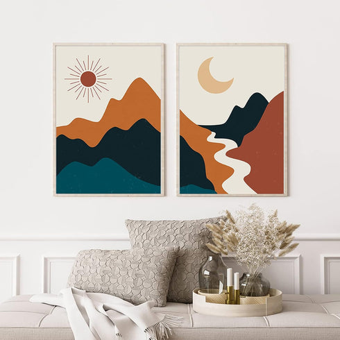 Bankrenart Boho Wall Art, Mid Century Abstract Sun and Moon River Landscape, Unframed Canvas Print for Living Room