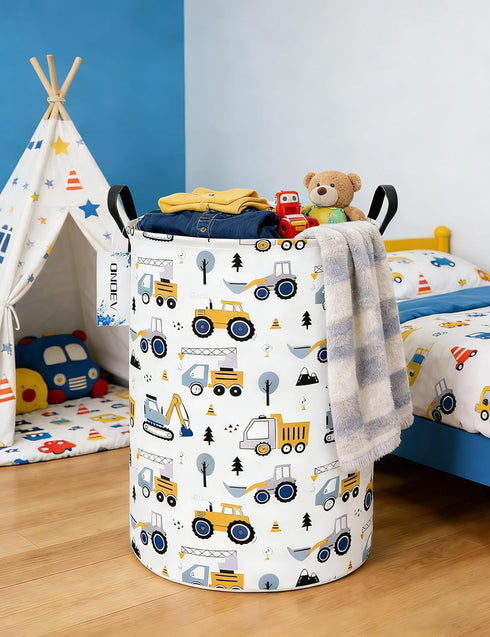ONOEV Round Construction Truck Collapsible Laundry Hamper for Nursery,Cute Forest Vehicles Excavator Toy Storage Bin