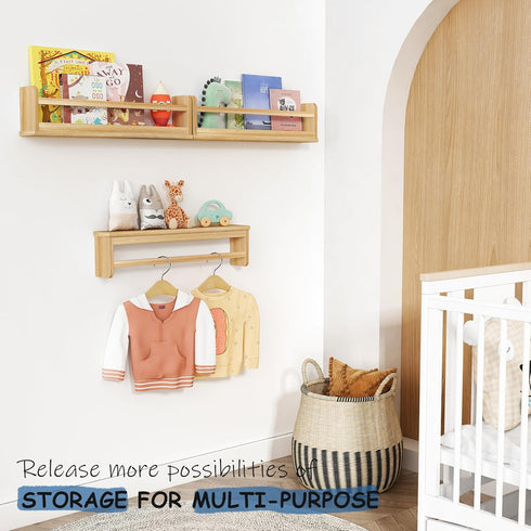 Set 3, 24 Inch Harwaya Natural Wood Wall Bookshelf for Kids Bedroom of Wooden Floating Nursery Book Shelves for Baby