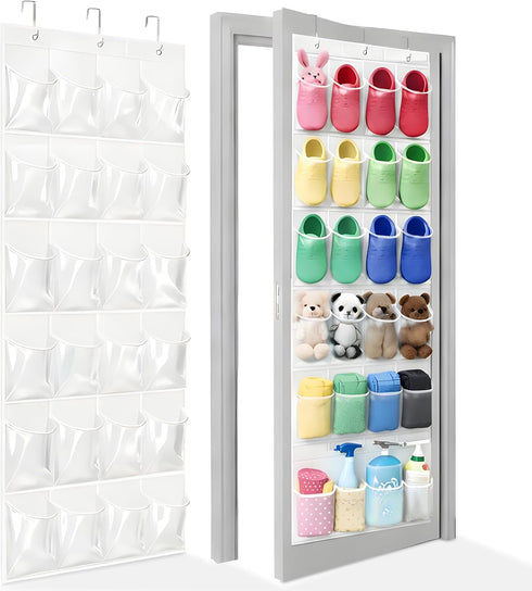 Over the Door Shoe Organizer with 24 Crystal Clear Pockets and Metal