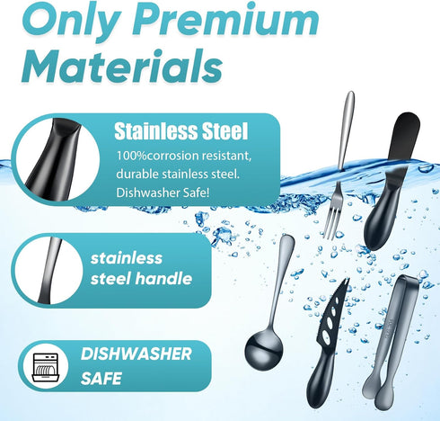 Charcuterie Board Accessories 18 Pieces - Cheese Spreader Knife Set, Mini Serving Tongs, Spoons, Forks (Black)