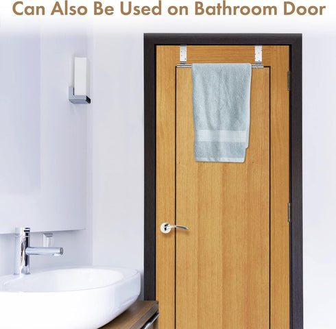 Over Cabinet Towel Bar with Hooks - 14 Inch Brushed Stainless Steel Rack for Bathroom & Kitchen