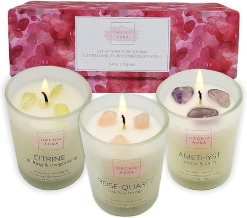 Soy Candles with Healing Crystals, 3PC Scented Candle Set, Eucalyptus + Lemongrass, Jasmine + Sandalwood, 2.47oz Each