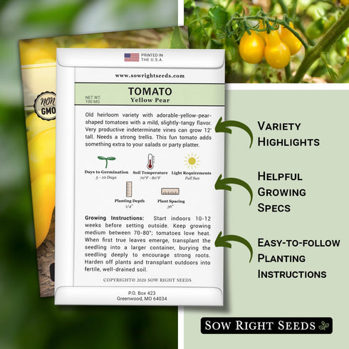 Packet (1) Sow Right Seeds - Yellow Pear Tomato Seeds for Planting - Non-GMO Heirloom with Instructions to Plant a Home