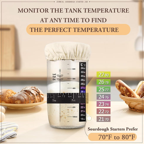 Sourdough Starter Kit - Sourdough Starter Jar with Date Marked Feeding Band, Thermometer, Cloth Cover & Metal Lid