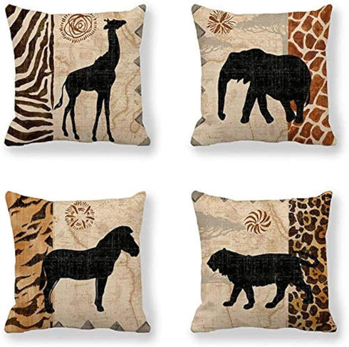 VENUSL Set of 4 Decorative Throw Pillow Covers, African Animals Giraffe, Elephant, Horse, Leopard, 18x18 Inch